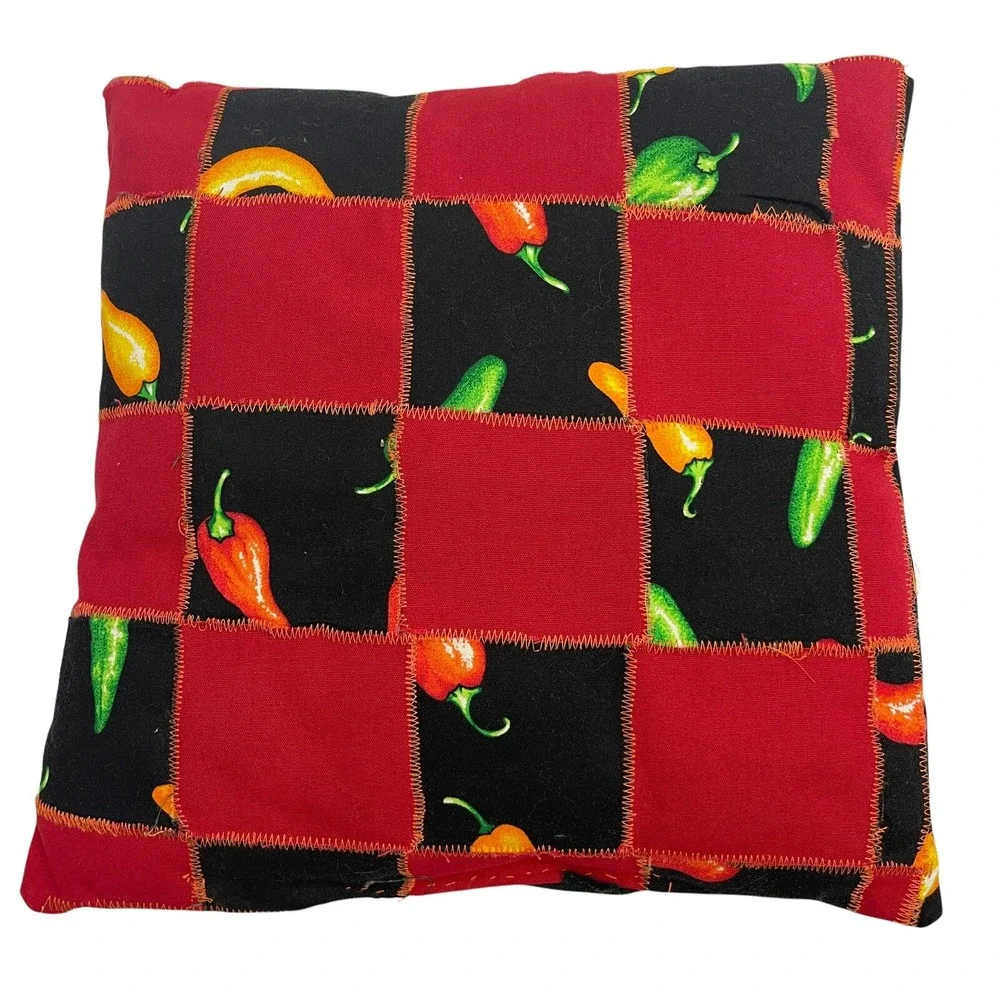 Handmade Pieced Pillow Black with Multicolor Peppers‎ 12